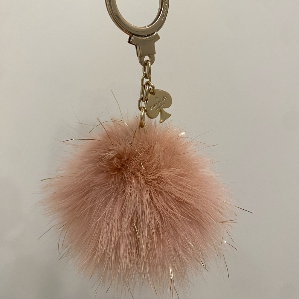 Kate Spade Fluffy Pink and Gold Tinsel Pom Pom Keychain with Spade Charm